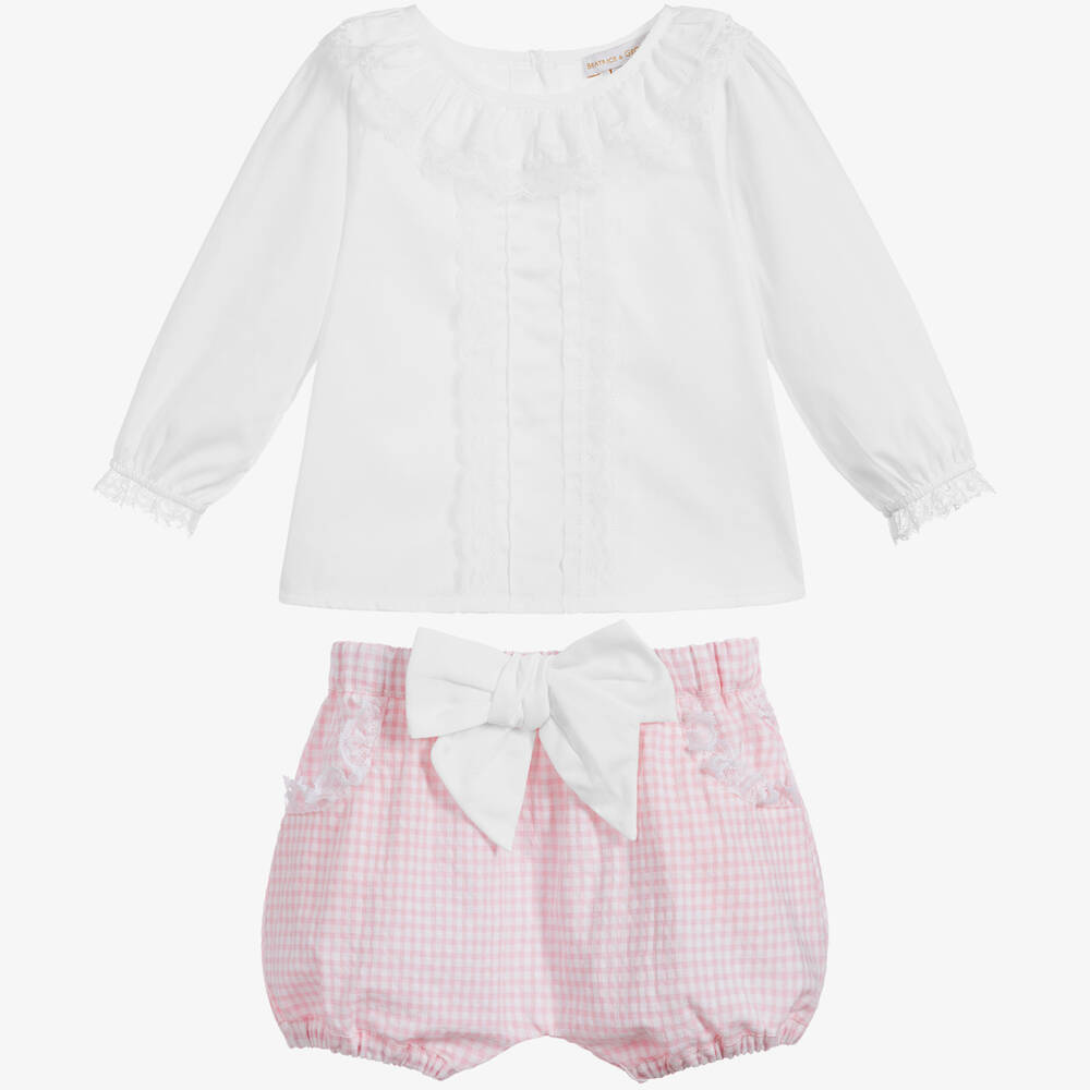 Beatrice & George-Girls Pink Gingham Seersucker Shorts Set | Childrensalon Outlet