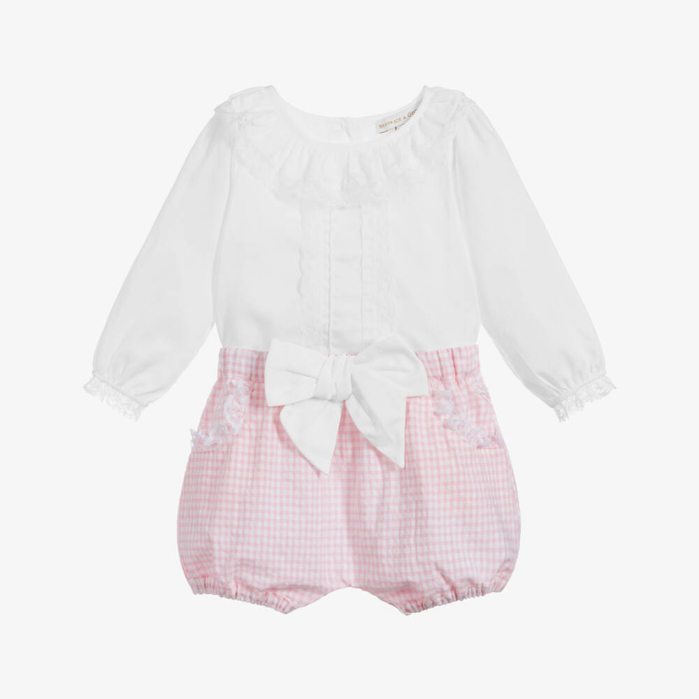 Beatrice & George-Girls Pink Gingham Seersucker Shorts Set | Childrensalon Outlet