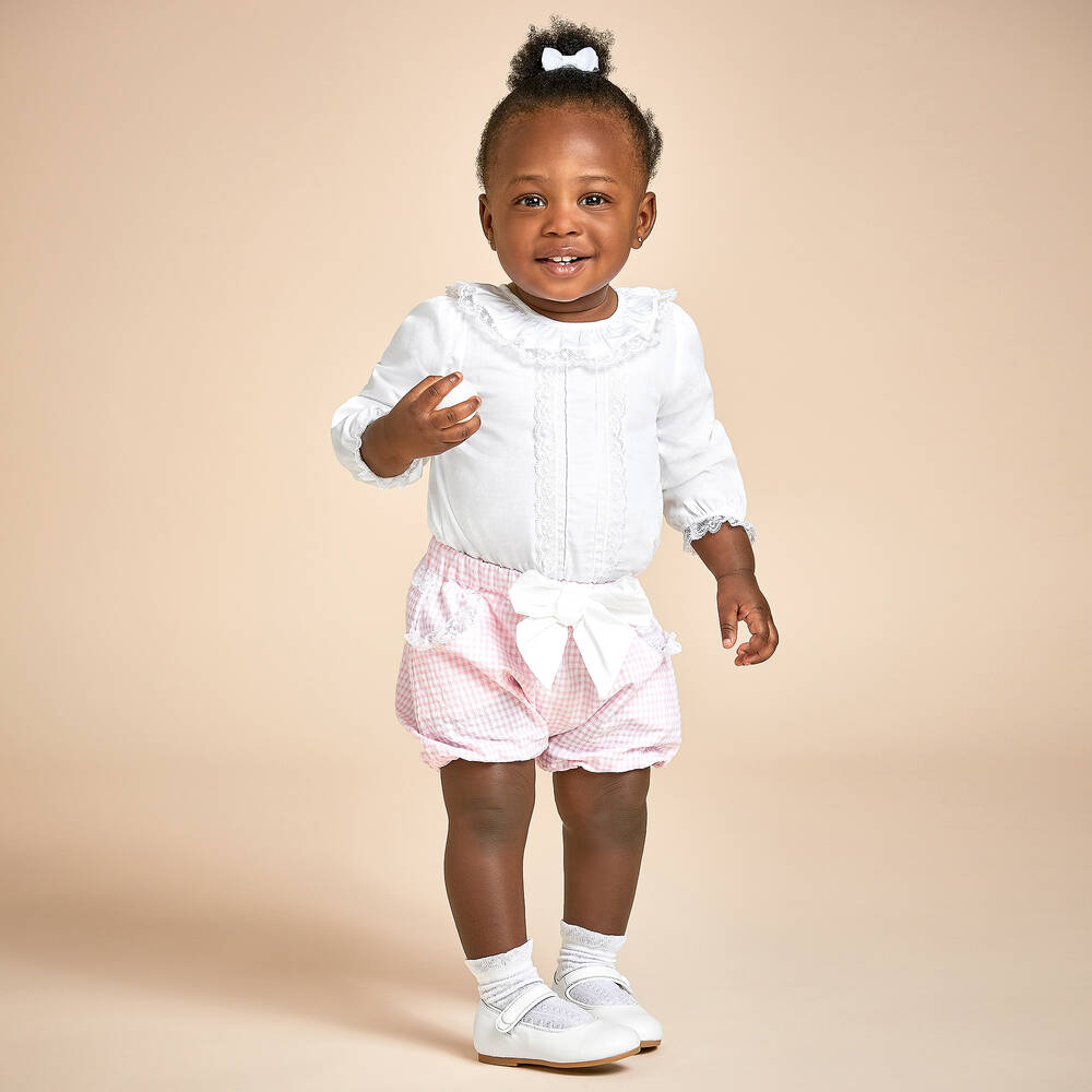 Beatrice & George-Girls Pink Gingham Seersucker Shorts Set | Childrensalon Outlet