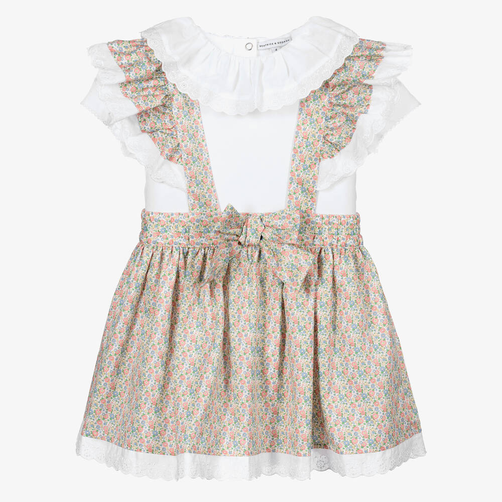 Beatrice & George - Girls Pink & Green Floral Cotton Skirt Set | Childrensalon