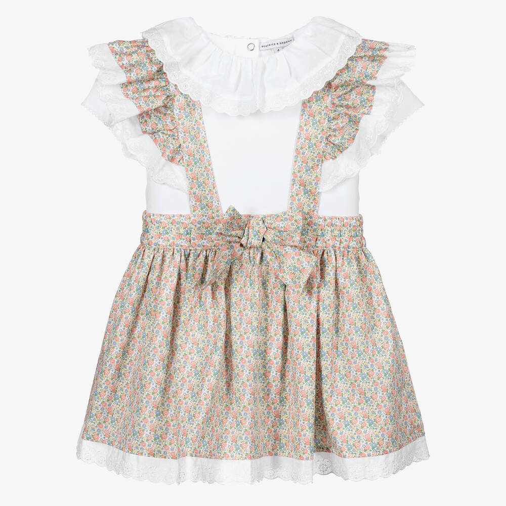 Beatrice & George - Ensemble jupe fleurie et haut rose et vert en coton fille | Childrensalon