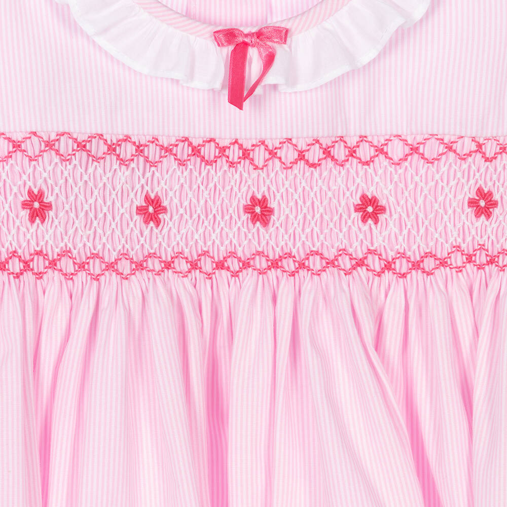 Beatrice & George-طقم فستان مطرز سموكينغ قطن لون زهري وأبيض | Childrensalon Outlet