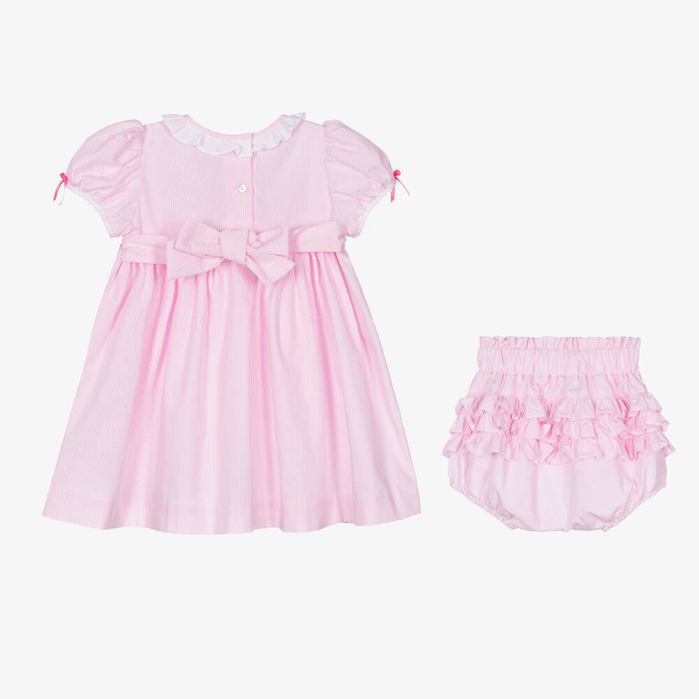 Beatrice & George-طقم فستان مطرز سموكينغ قطن لون زهري وأبيض | Childrensalon Outlet