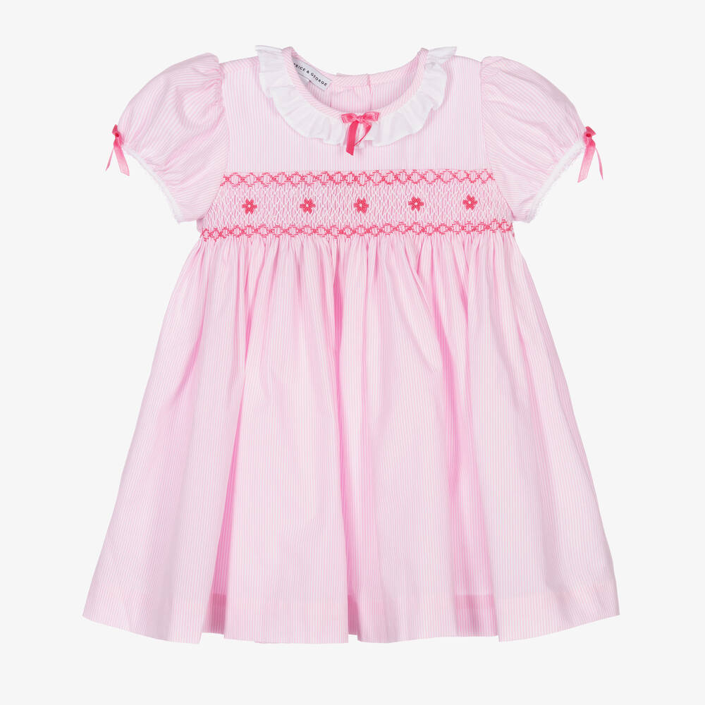 Beatrice & George - طقم فستان مطرز سموكينغ قطن لون زهري وأبيض | Childrensalon