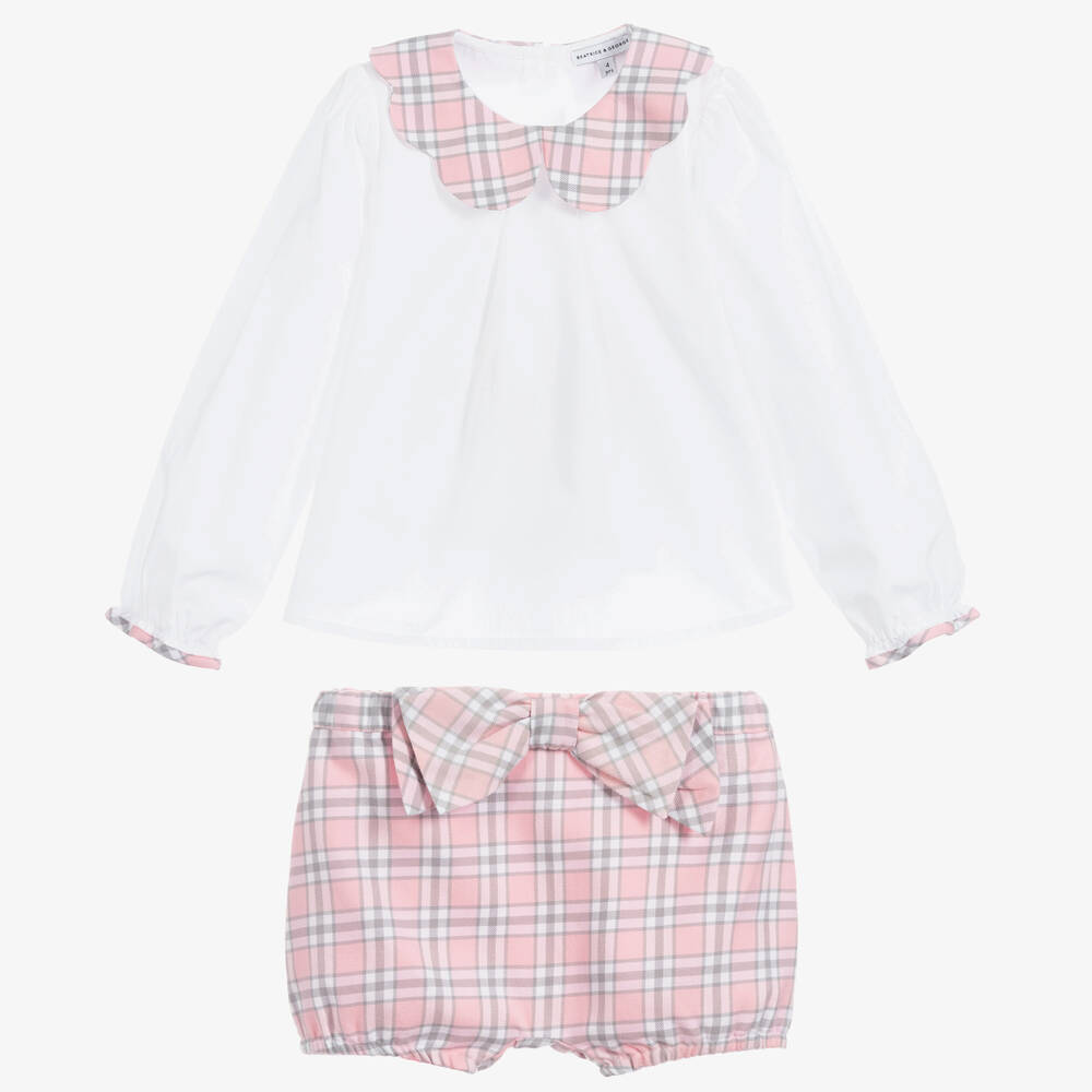 Beatrice & George-Girls Pink Tartan Cotton Shorts Set | Childrensalon Outlet