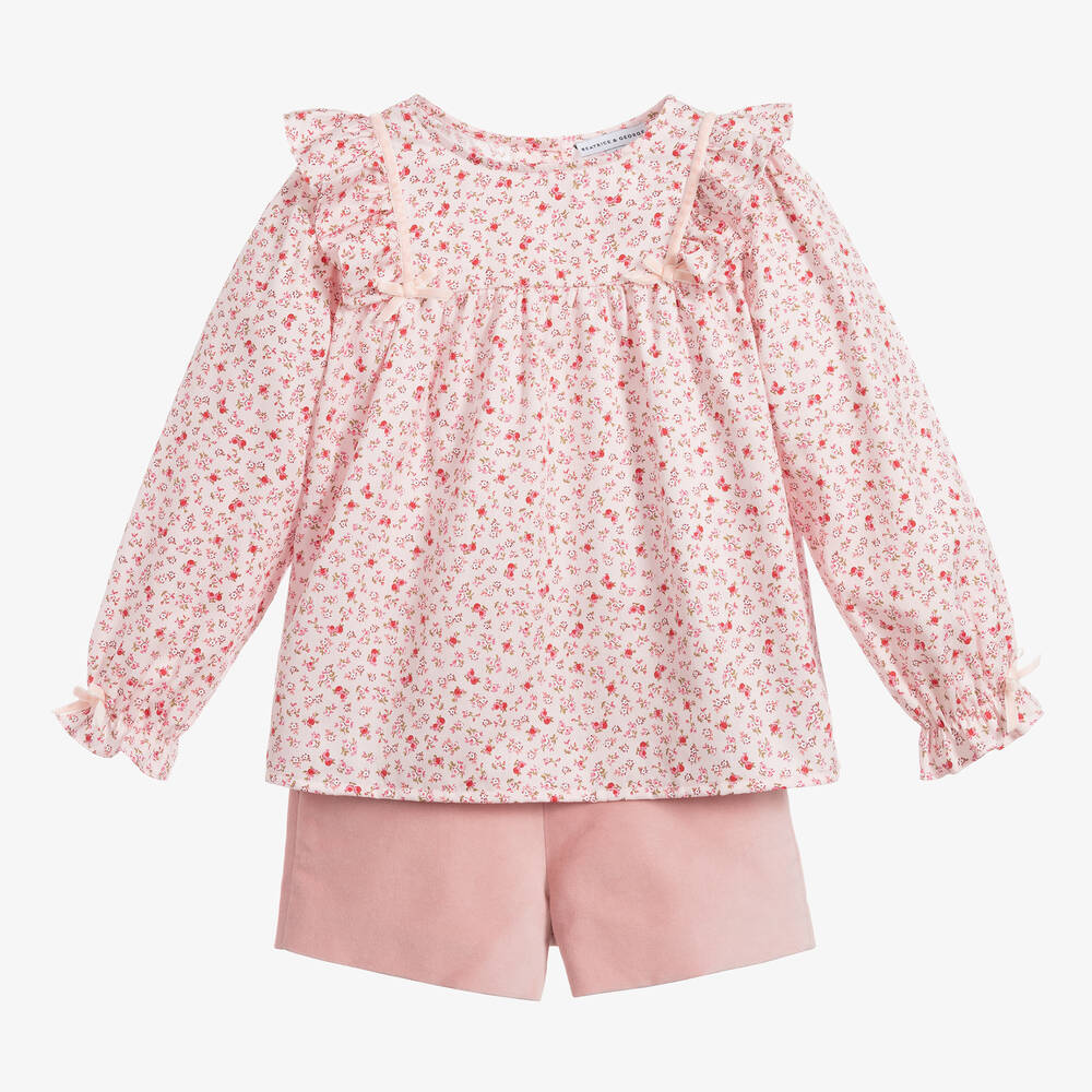 Beatrice & George-Girls Pink Velvet Shorts Set | Childrensalon Outlet