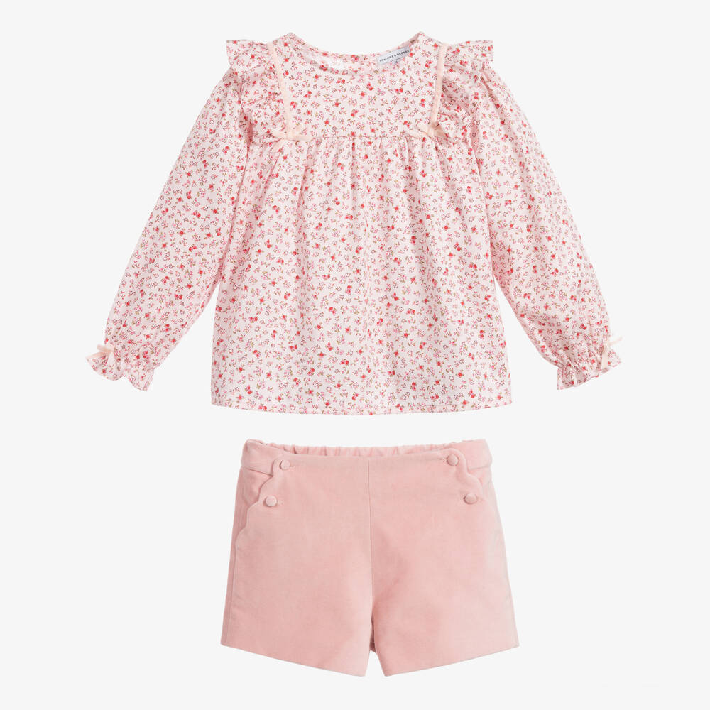 Beatrice & George-Girls Pink Velvet Shorts Set | Childrensalon Outlet