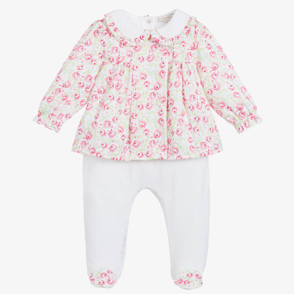 Beatrice & George - Girls Pink & White Cotton Babygrow | Childrensalon