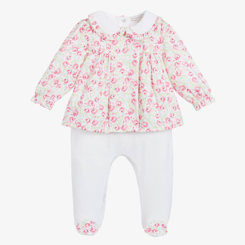 Beatrice & George-Girls Pink & White Cotton Babygrow | Childrensalon Outlet