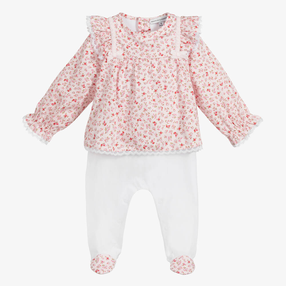 Beatrice & George-Girls Pink & White Cotton Babygrow | Childrensalon Outlet