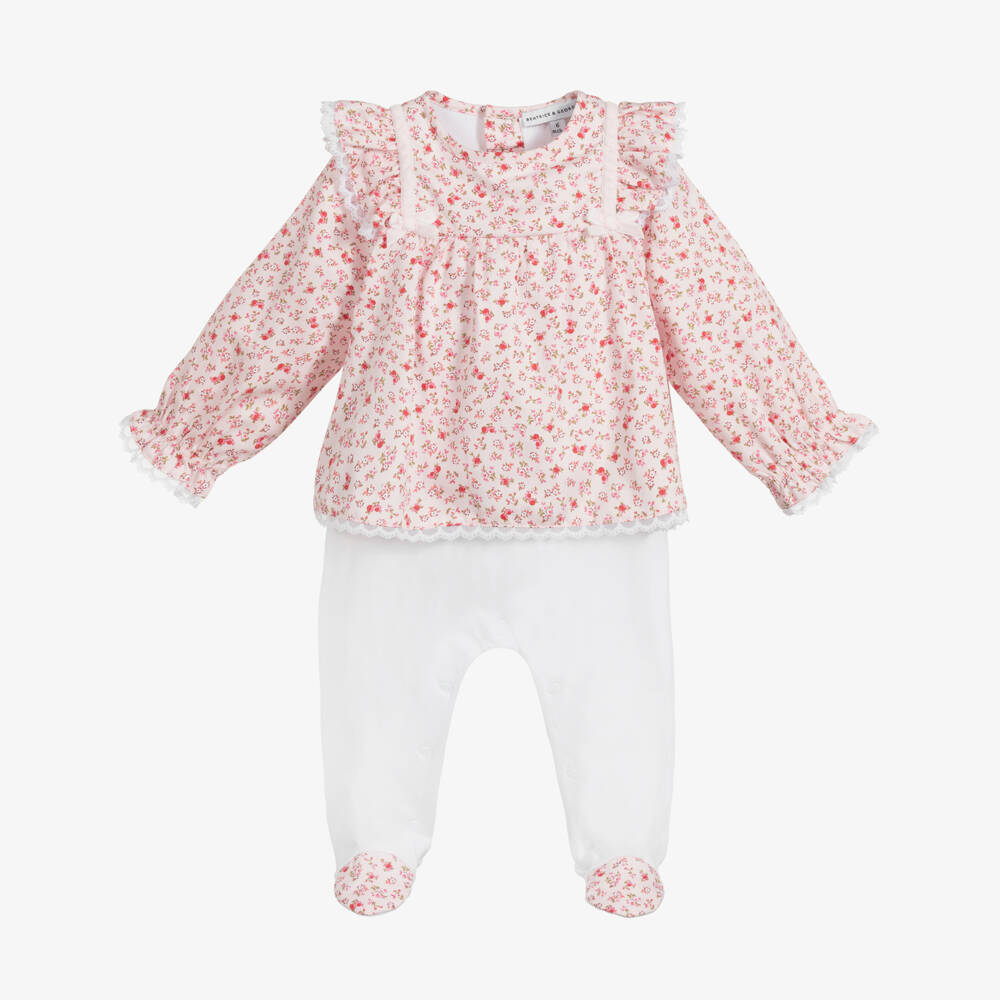 Beatrice & George-Girls Pink & White Cotton Babygrow | Childrensalon Outlet