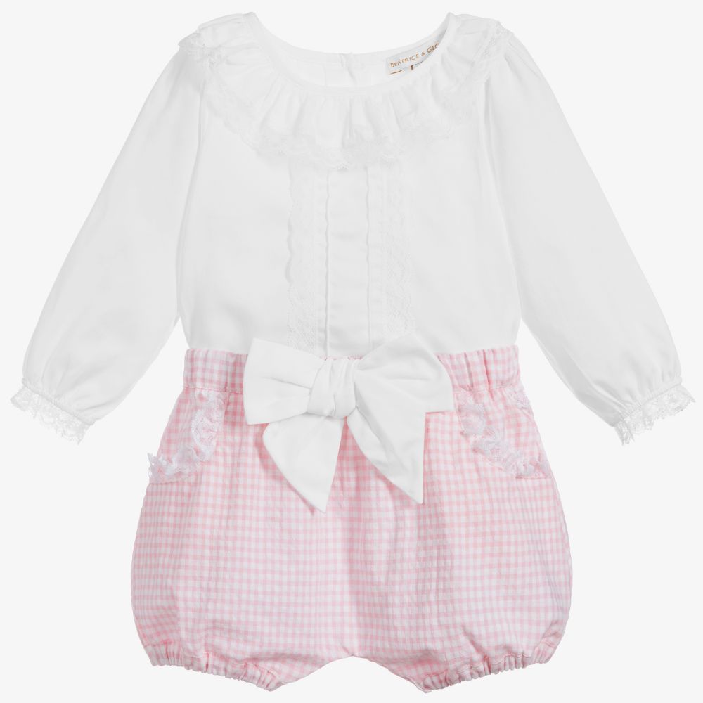 Beatrice & George - Girls Pink & White Shorts Set | Childrensalon