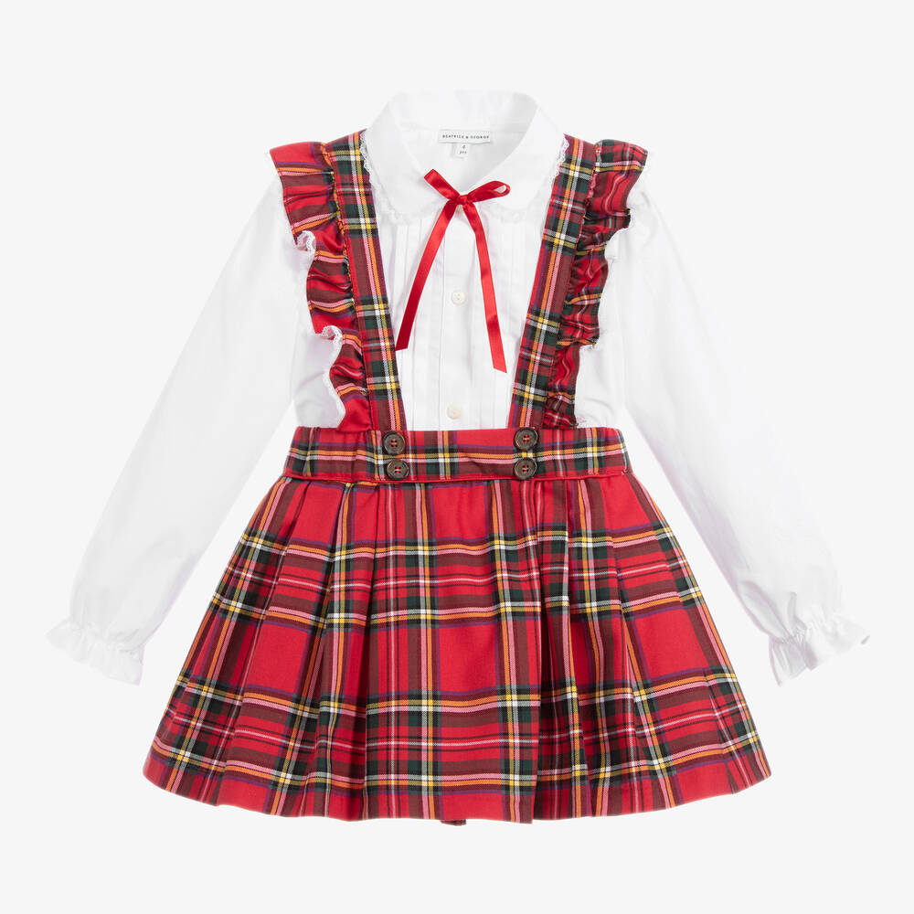 Beatrice & George - Girls Red Cotton Tartan Skirt Set  | Childrensalon