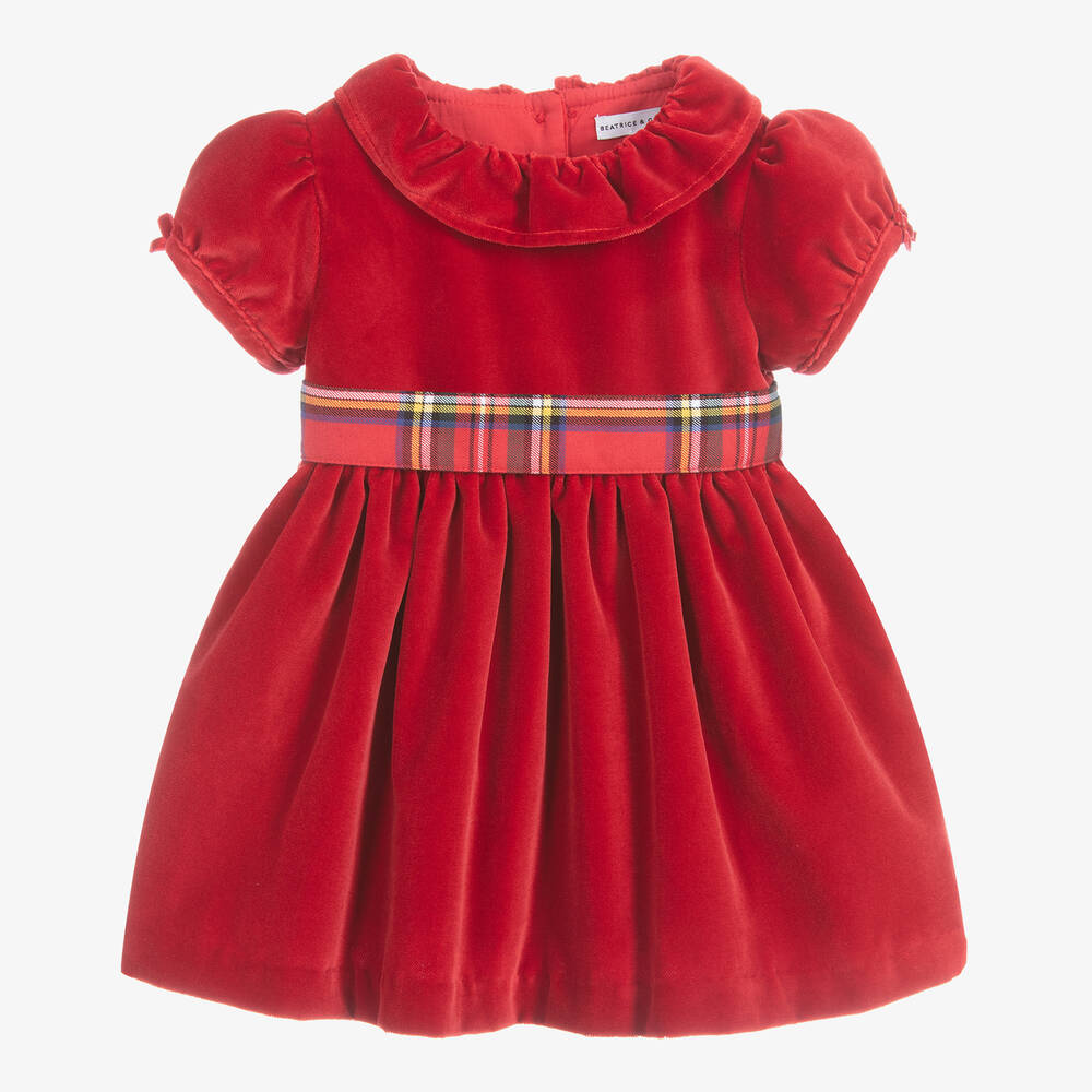 Beatrice & George - Girls Red Cotton Velvet Dress | Childrensalon
