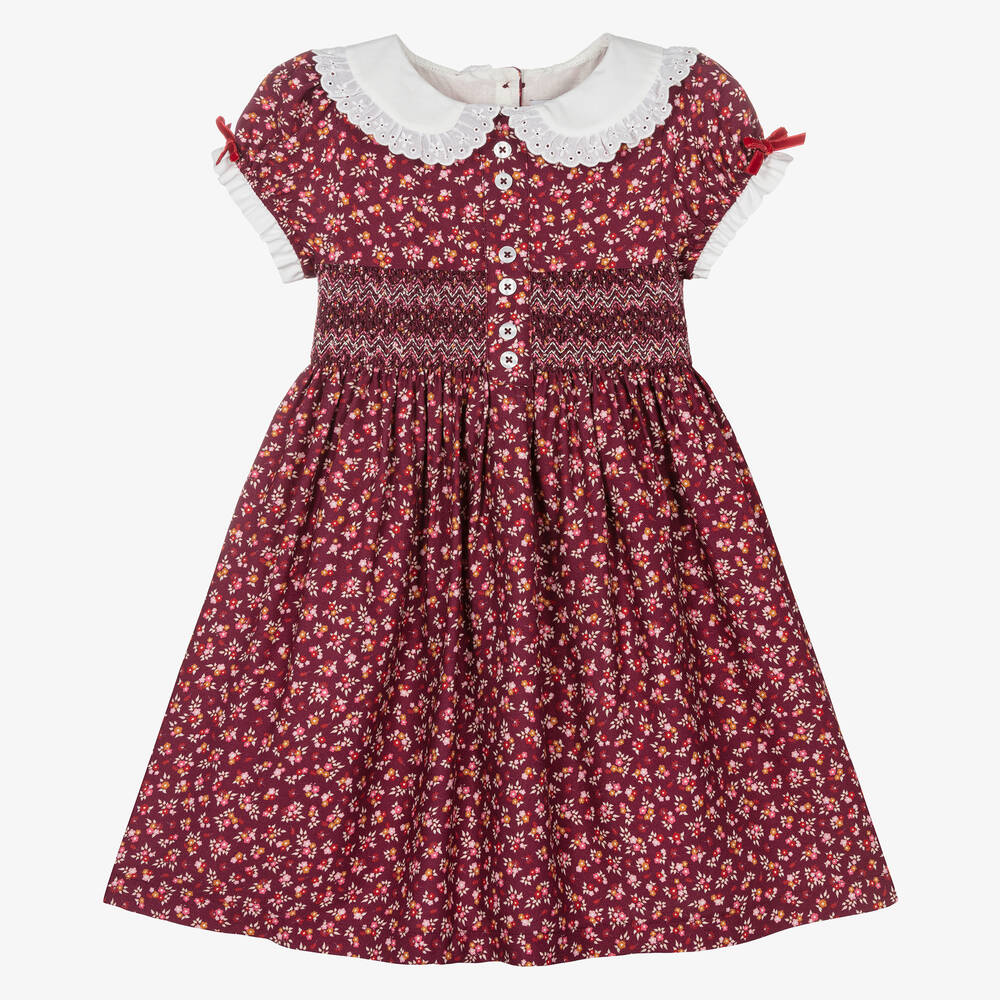 Beatrice & George - Girls Red Ditsy Floral Smocked Dress | Childrensalon
