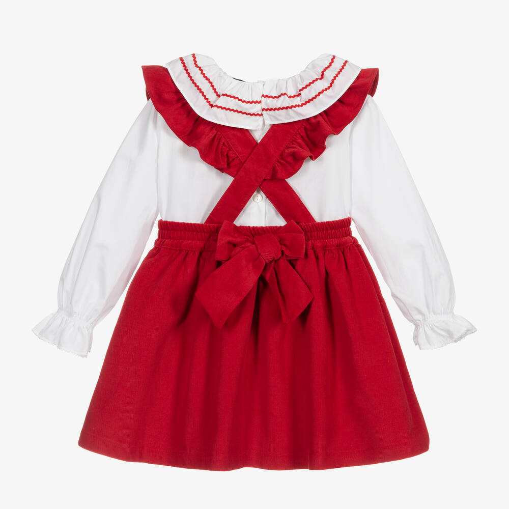 Beatrice & George-Girls Red Needlecord Pinafore Dress Set | Childrensalon Outlet