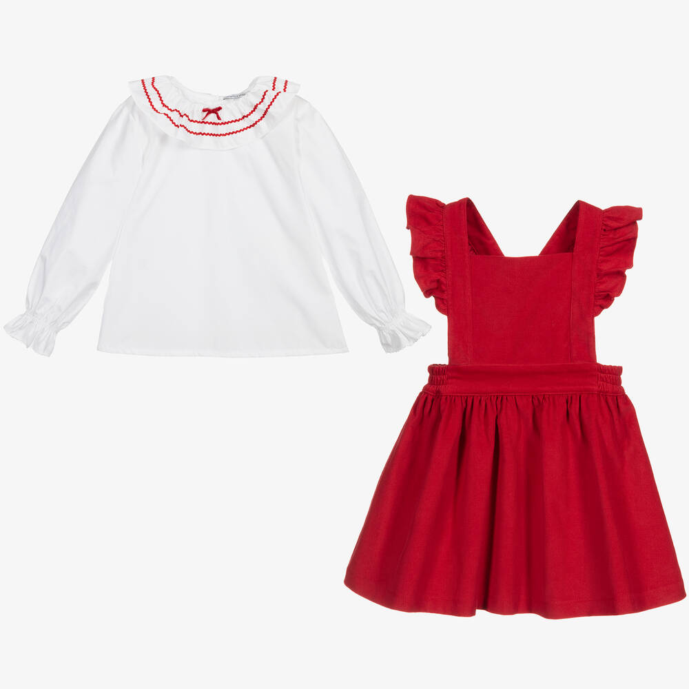 Beatrice & George-Girls Red Needlecord Pinafore Dress Set | Childrensalon Outlet