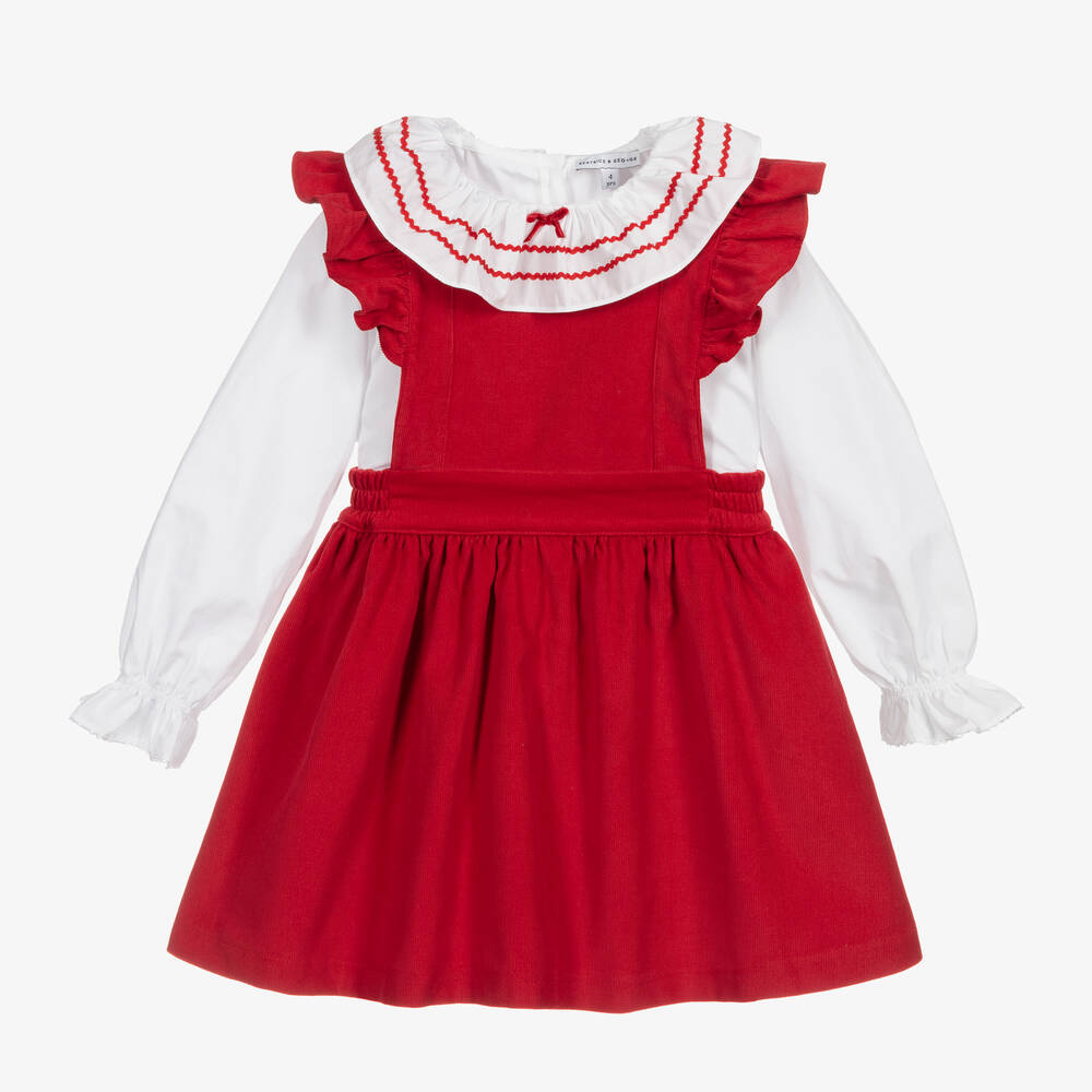 Beatrice & George - Girls Red Needlecord Pinafore Dress Set | Childrensalon