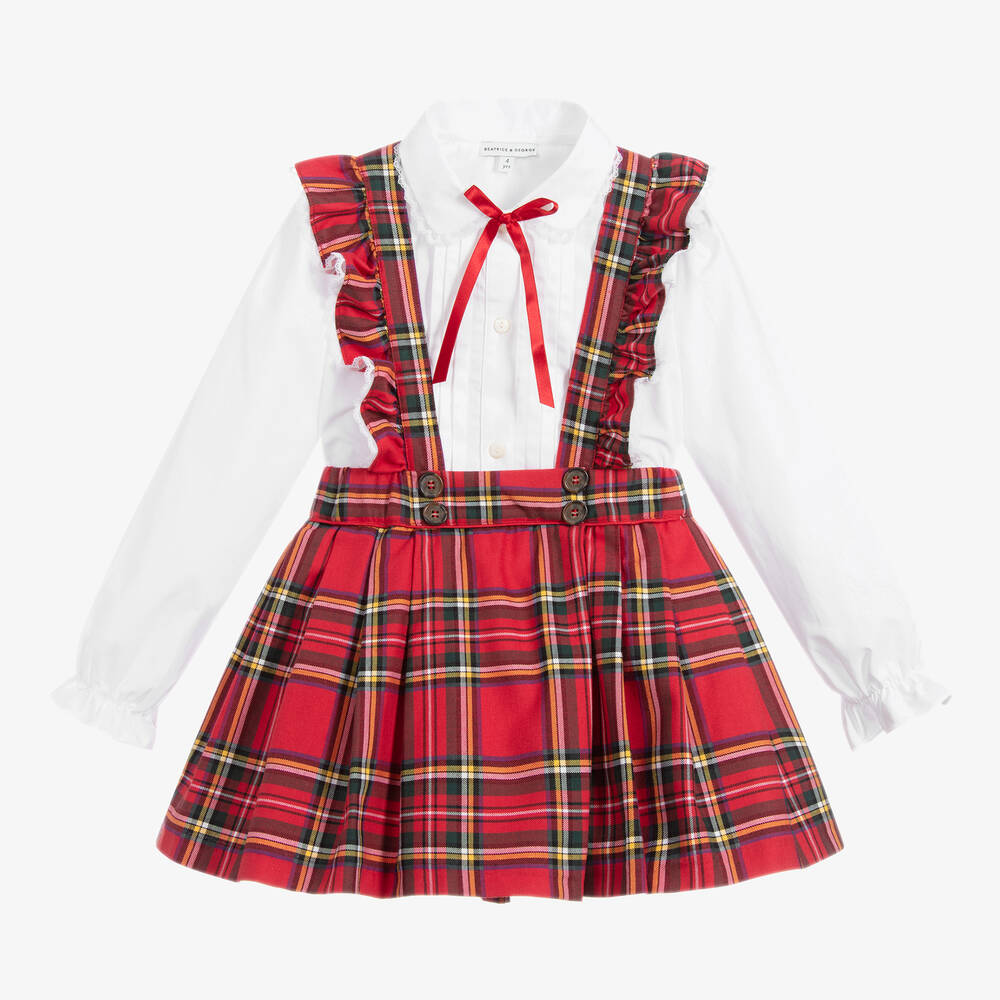 Beatrice & George-Girls Red Tartan Cotton Skirt Set  | Childrensalon Outlet