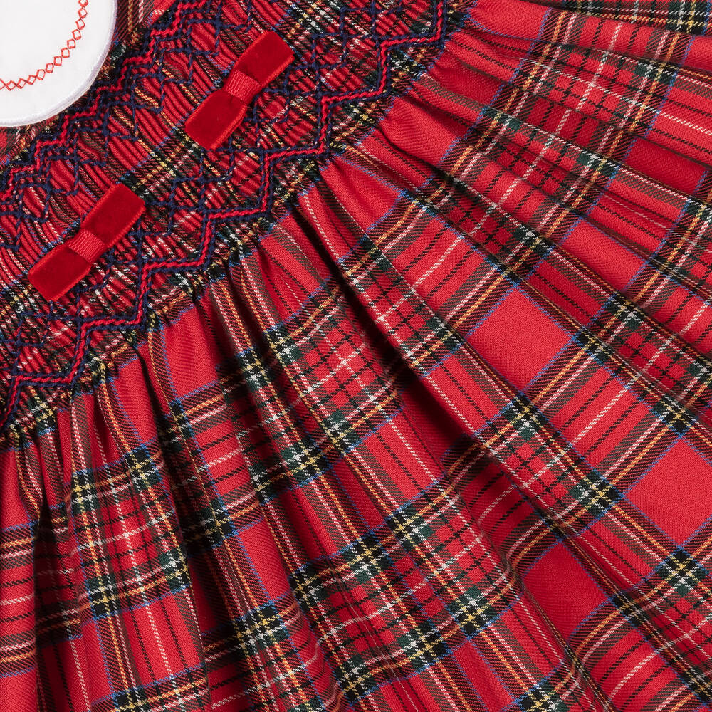Beatrice & George-فستان تارتان كاروهات أطفال بناتي مطرز قطن تويل لون أحمر | Childrensalon Outlet