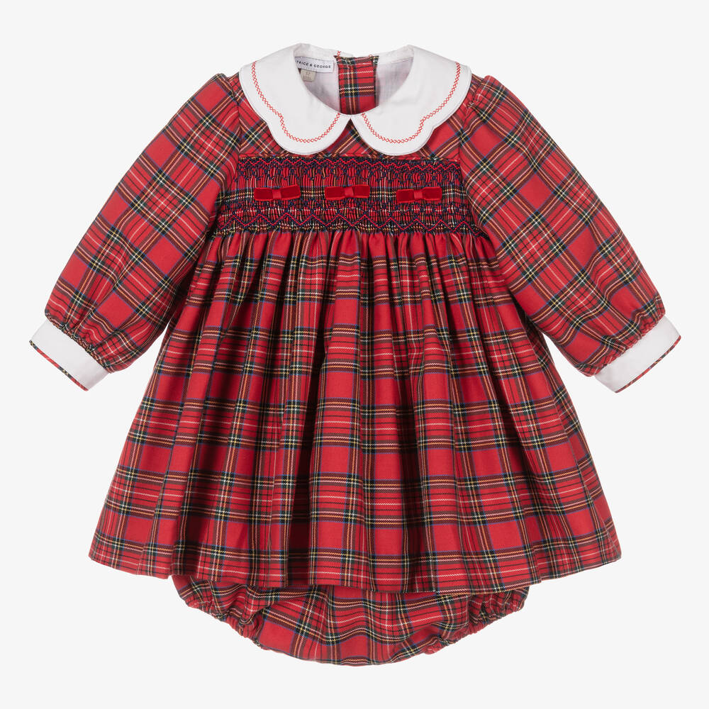 Beatrice & George - Girls Red Tartan Smocked Cotton Dress  | Childrensalon