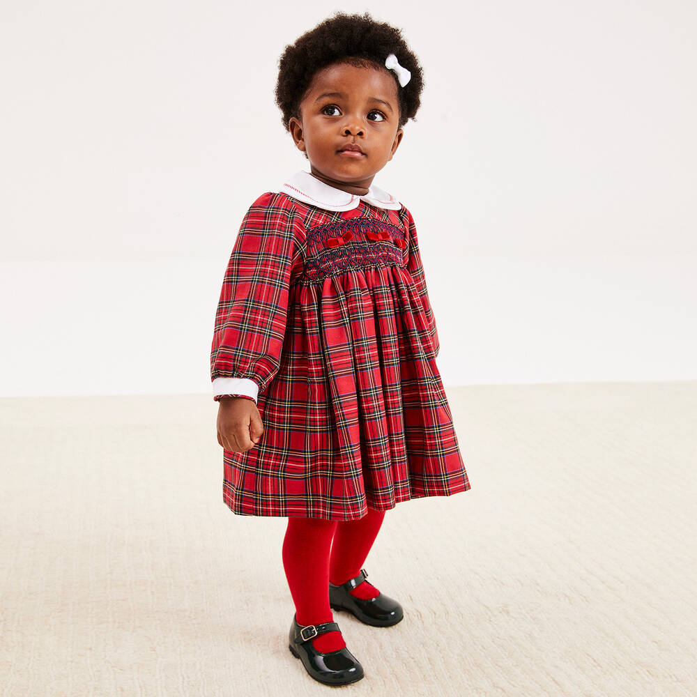 Beatrice George Girls Red Tartan Smocked Cotton Dress