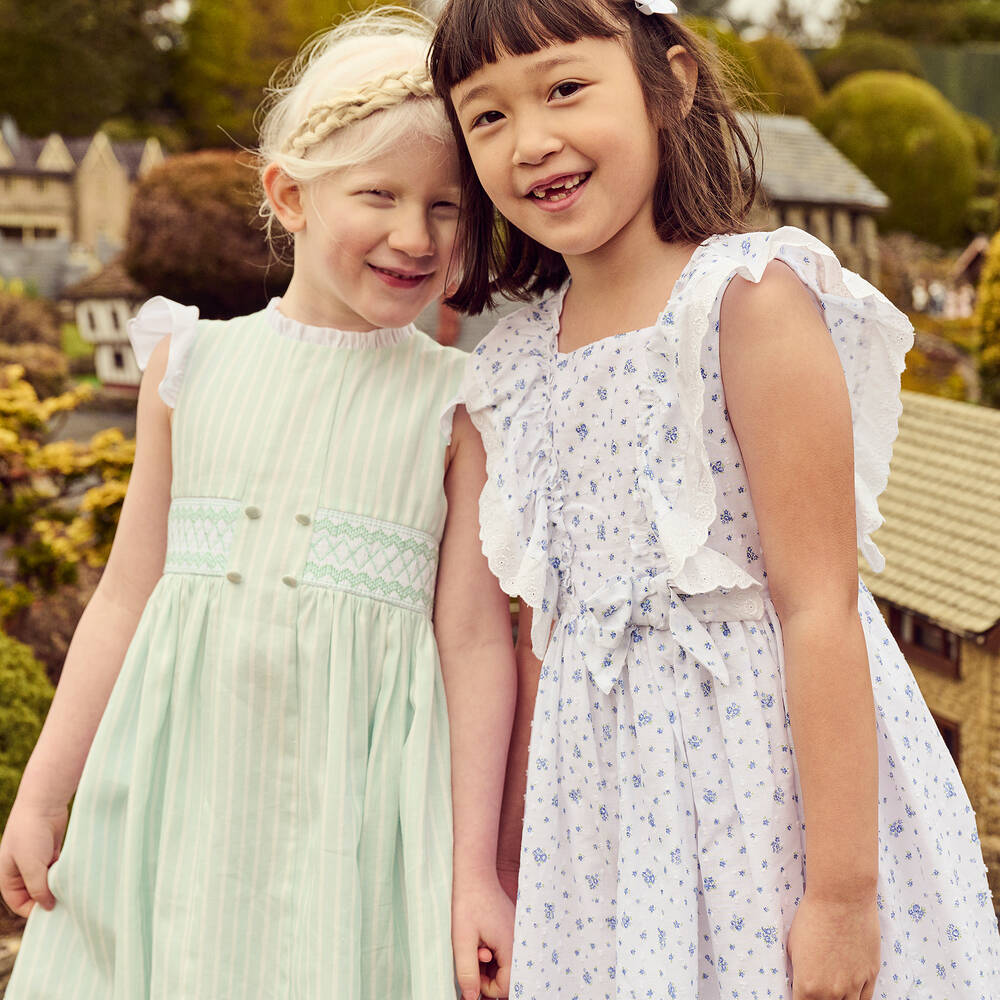 Beatrice & George - Girls White & Blue Cotton Ruffle Dress
