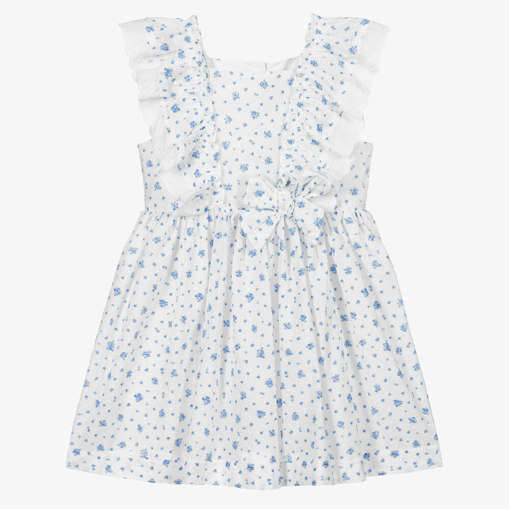 Beatrice & George - Girls White & Blue Cotton Ruffle Dress | Childrensalon