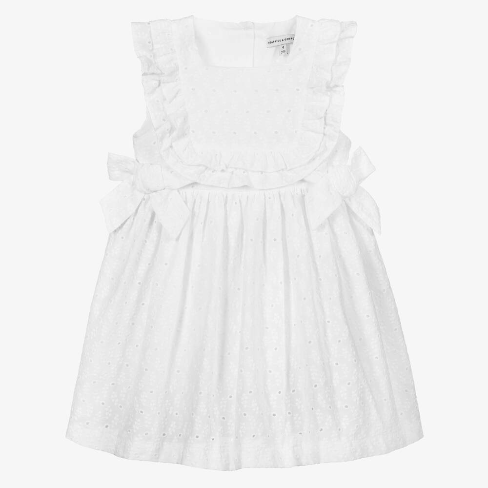 Beatrice & George - Girls White Broderie Anglaise Dress | Childrensalon