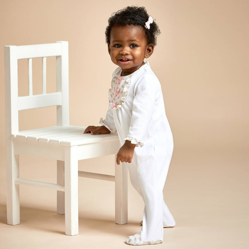 Beatrice & George-Girls White Cotton Babygrow | Childrensalon Outlet