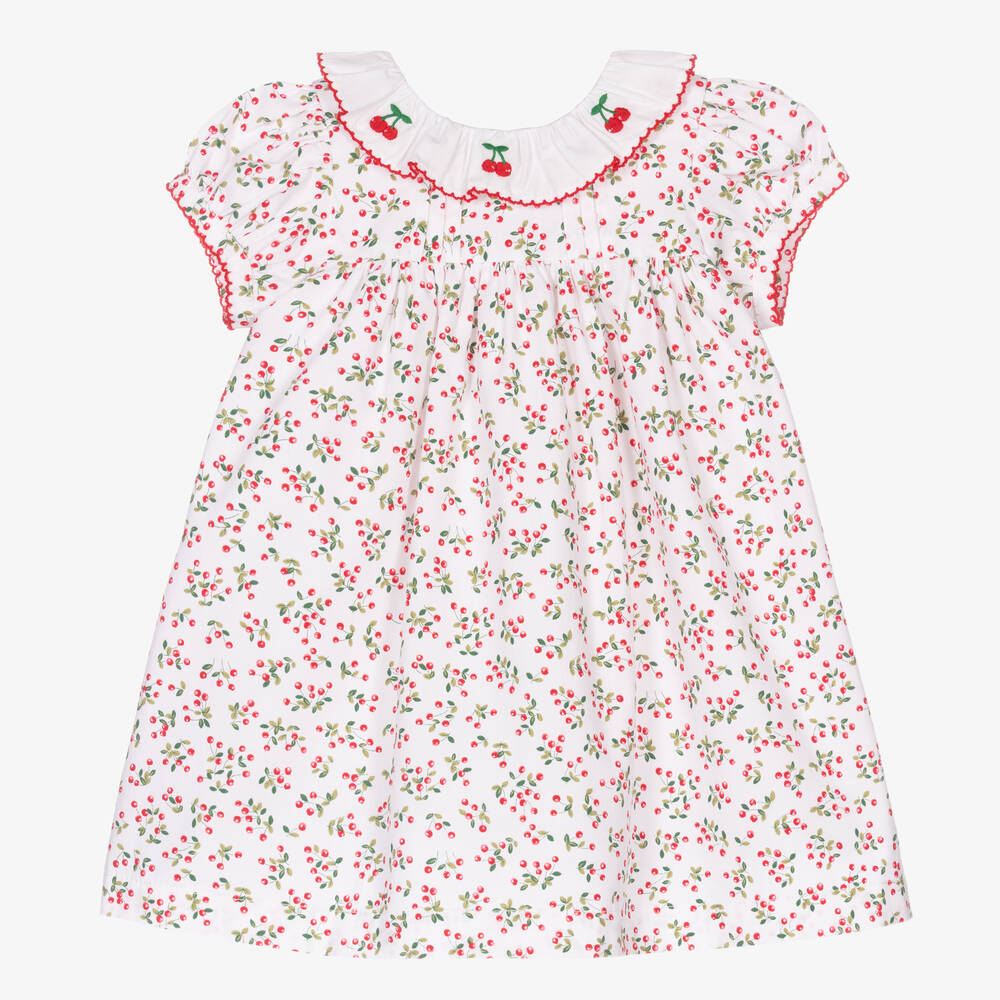 Beatrice & George - Girls White Cotton Cherry Dress | Childrensalon