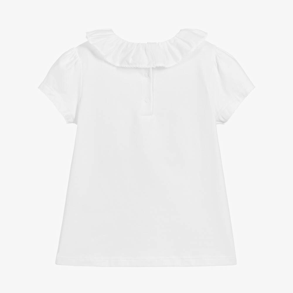 Beatrice & George-Girls White Cotton T-Shirt With Ruffle Collar | Childrensalon Outlet