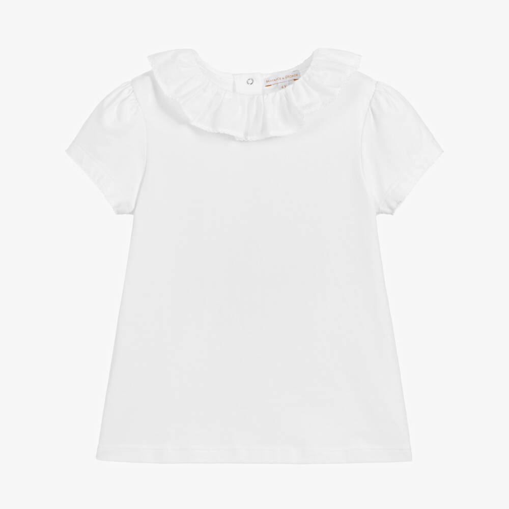 Beatrice & George-Girls White Cotton T-Shirt With Ruffle Collar | Childrensalon Outlet