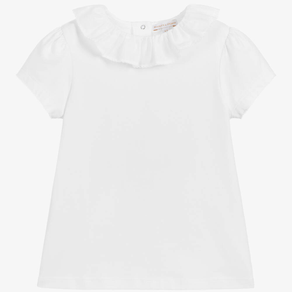 Beatrice & George-Girls White Cotton T-Shirt With Ruffle Collar | Childrensalon Outlet