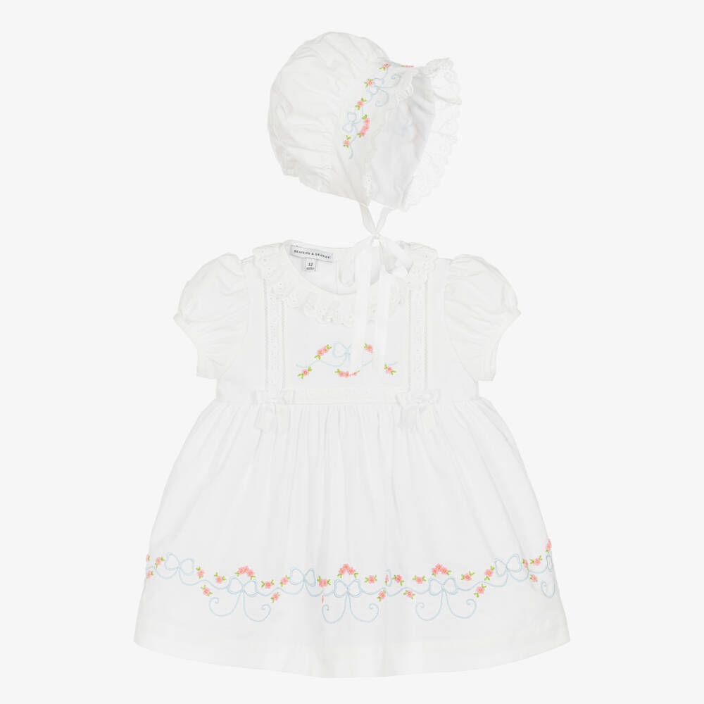 Beatrice & George-Girls White Embroidered Cotton Dress Set | Childrensalon Outlet