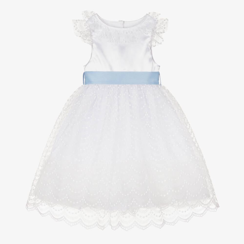 Beatrice & George - Girls White Embroidered Tulle Dress | Childrensalon