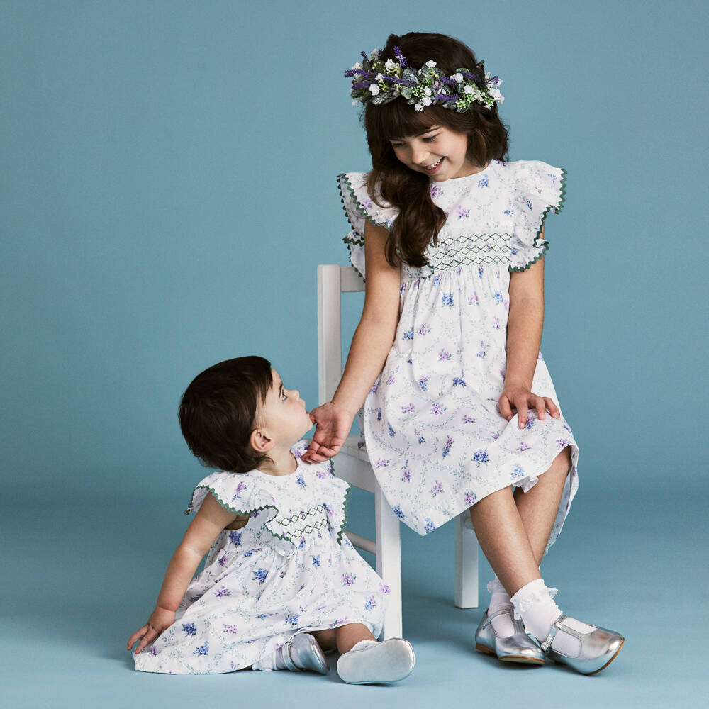 Beatrice & George-Girls White Floral Cotton Frock | Childrensalon Outlet