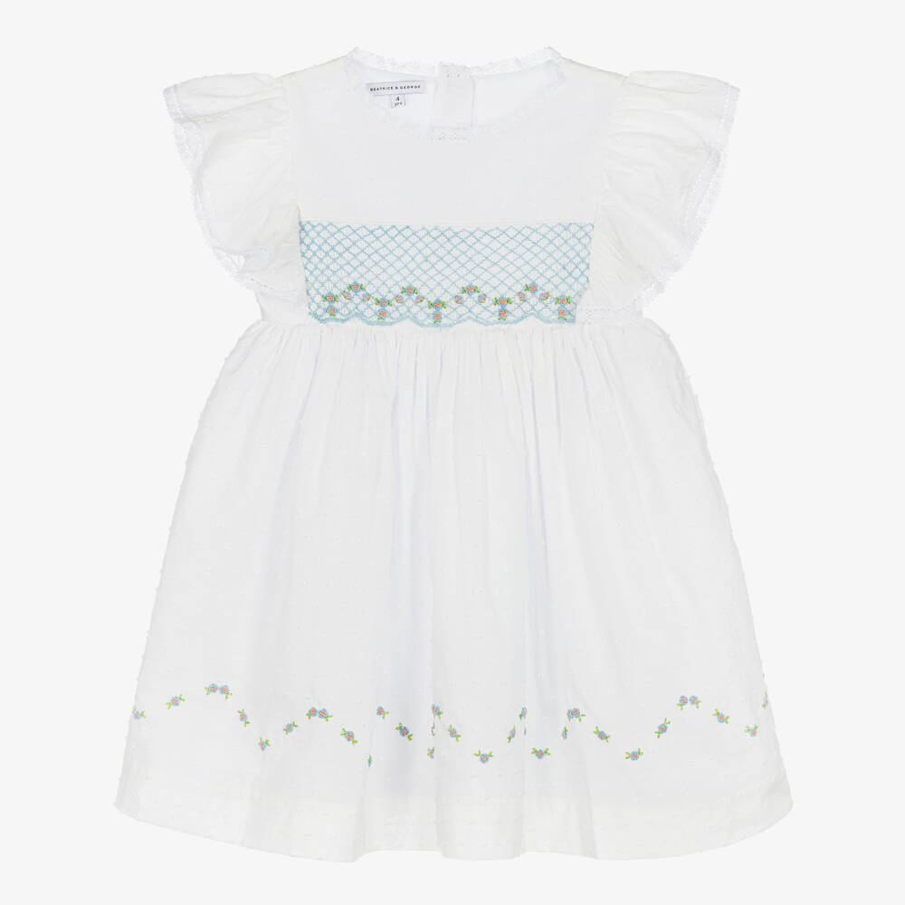 Beatrice & George-Girls White Hand-Smocked Cotton Dress | Childrensalon Outlet