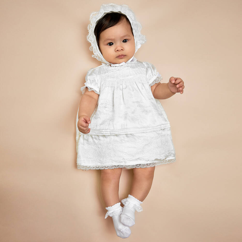 Beatrice & George-Girls White Satin & Lace Dress Set | Childrensalon Outlet