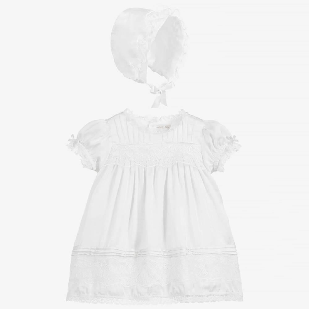 Beatrice & George - Girls White Satin & Lace Dress Set | Childrensalon