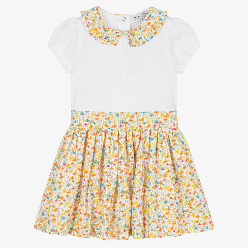 Beatrice & George - Girls Yellow & Orange Cotton Floral Skirt Set | Childrensalon