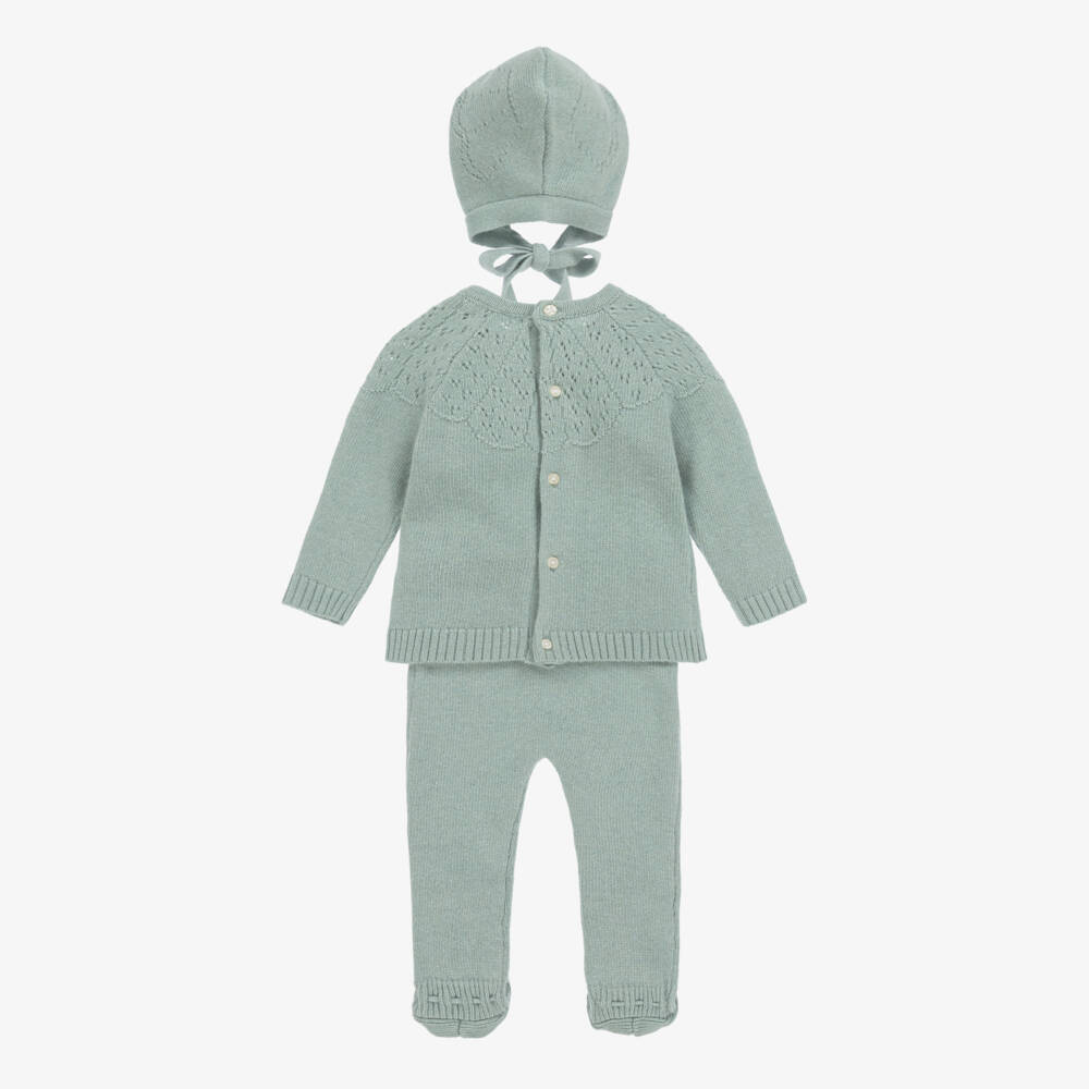 Beatrice & George-Green Knitted Cashmere Babygrow Set | Childrensalon Outlet