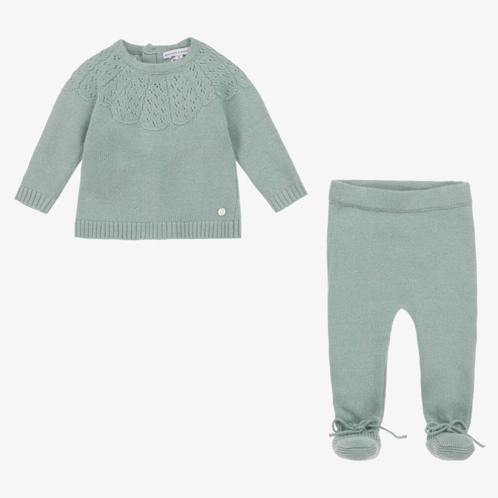 Beatrice & George-Green Knitted Cashmere Babygrow Set | Childrensalon Outlet