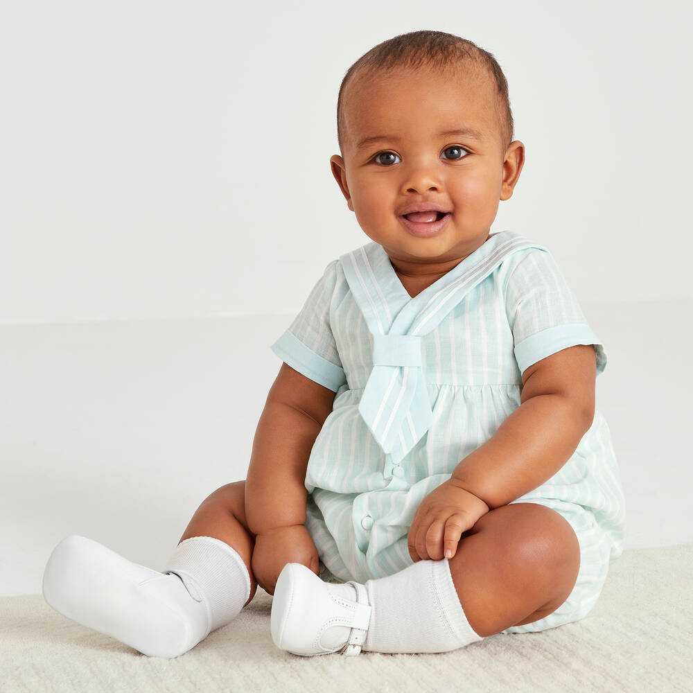 Beatrice & George-Green Stripe Linen & Cotton Sailor Shortie | Childrensalon Outlet
