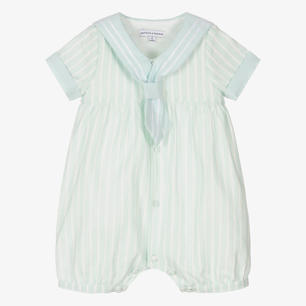 Beatrice & George - Green Stripe Linen & Cotton Sailor Shortie | Childrensalon
