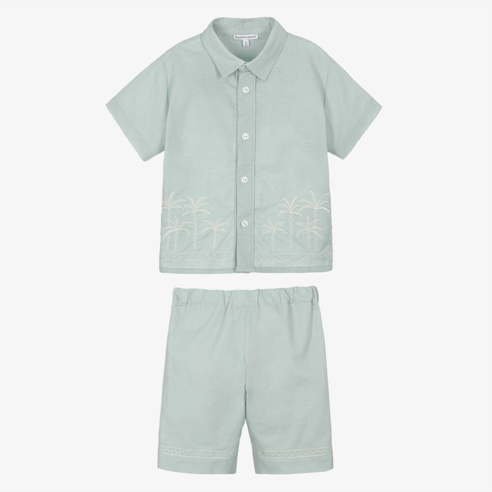 Beatrice & George-Khaki Embroidered Shorts Set | Childrensalon Outlet