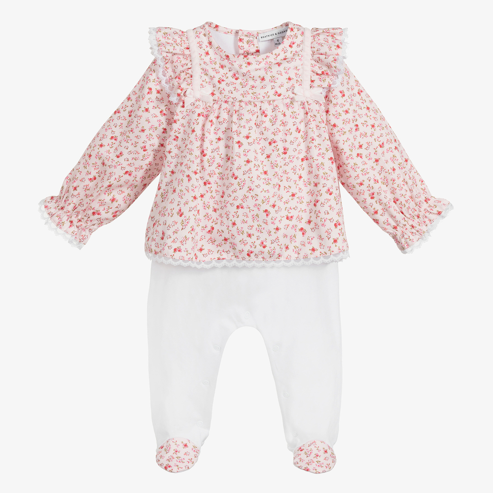Beatrice & George - Pink Blouse & White Babygrow | Childrensalon