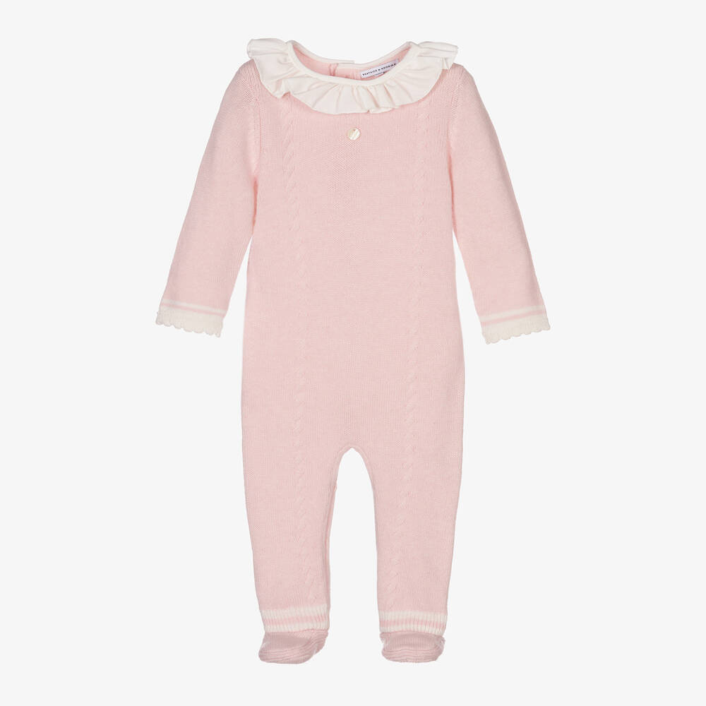Beatrice & George - Pink Knitted Wool & Cashmere Babygrow | Childrensalon