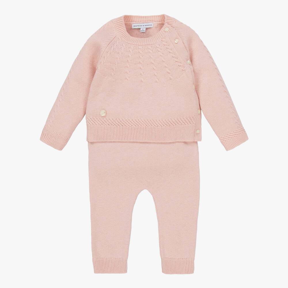 Beatrice & George - Pink Knitted Wool & Cotton Trouser Set  | Childrensalon