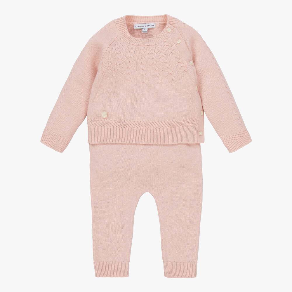 Beatrice & George - Ensemble pantalon rose en maille de laine et coton | Childrensalon